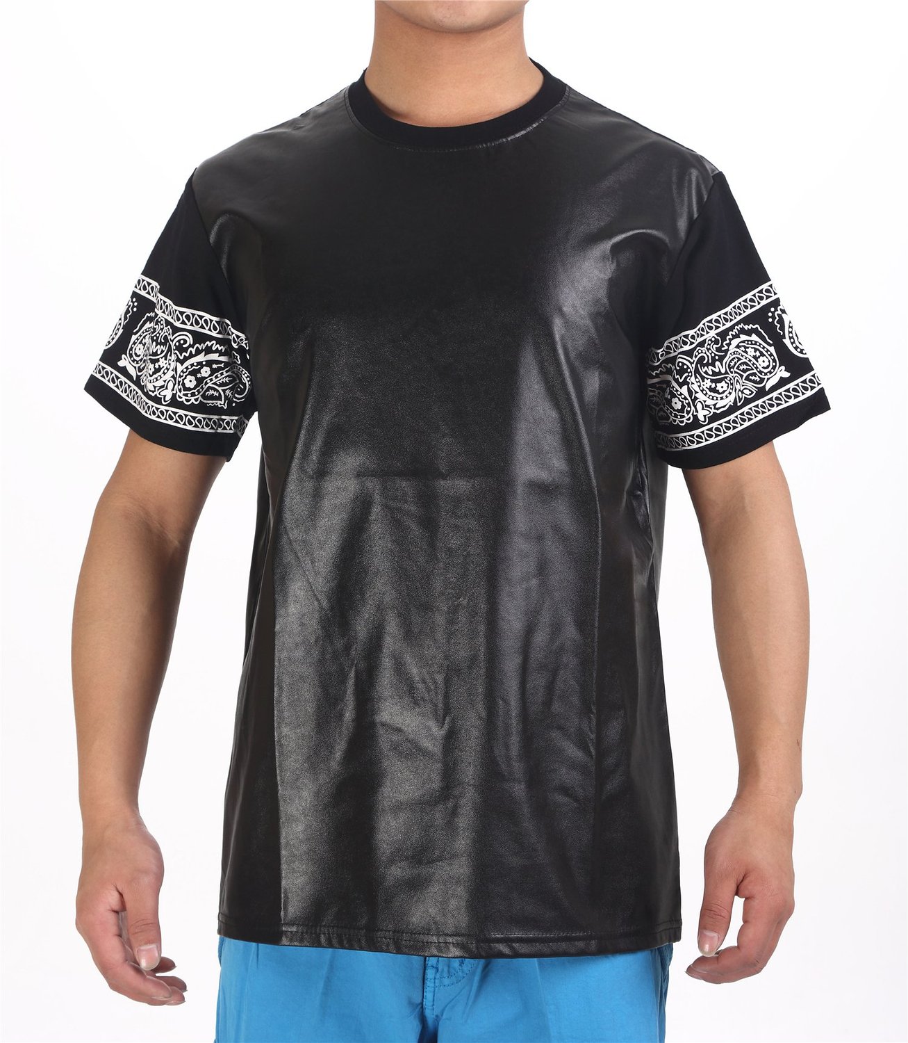 Pizoff Unisex Leather Sleeves Luxury T-shirts